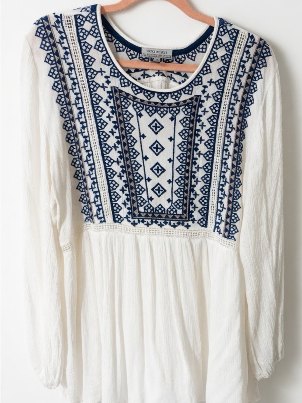 World Market Embroidered White Peasant Tunic with Plum Geometric Yoke